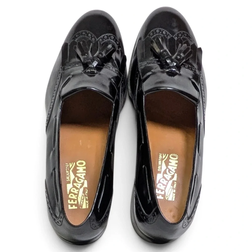 Salvatore Ferragamo Black Patent Tassel Kiltie Loafers Mens 9.5 D Italy NWOB